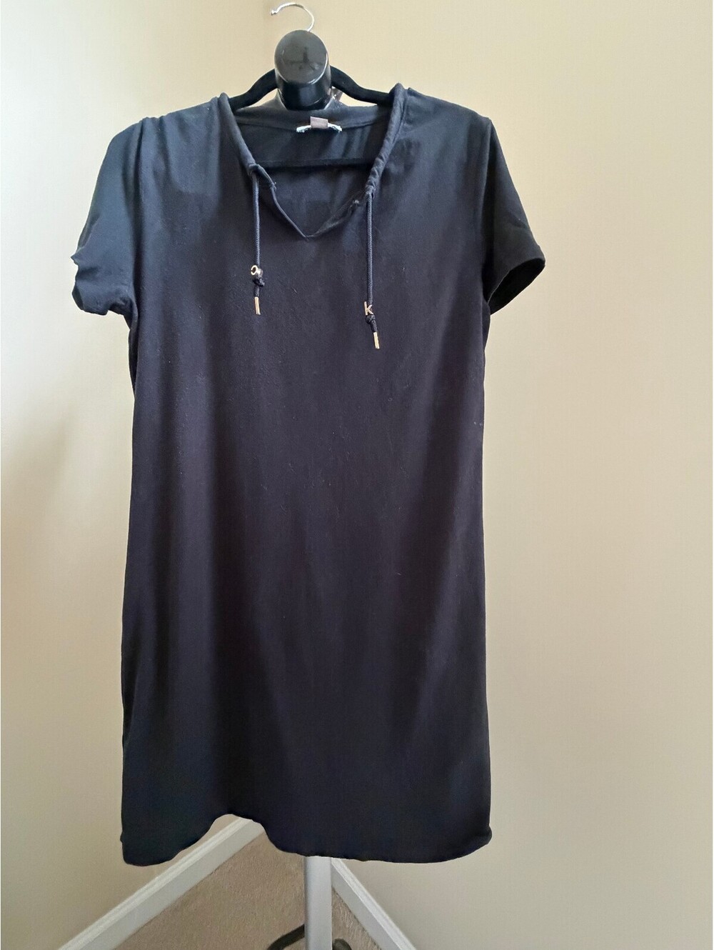 Calvin Klein Women's T-Shirt Dress Short Sleeve Tie Neck Short Size Large Black